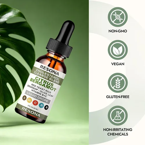 Vista 5 de RESONA Gotas de arroz de levadura roja, mezcla de apoyo de colesterol de alta absorción con bergamota cítrica, hoja de olivo y guanábana - Natural