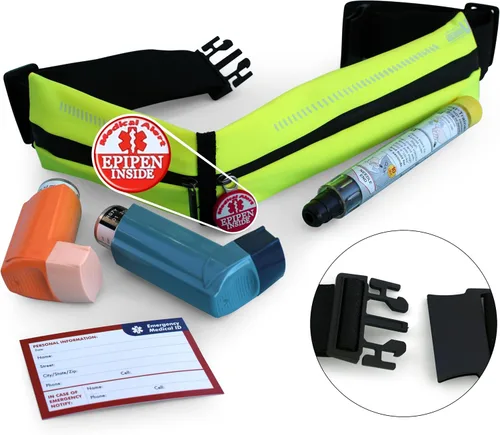 Vista 6 de EpiPen - Cinturón con etiqueta de alerta médica - Riñonera para autoinyector e inhalador de epinefrina - Bolsa ajustable para niños y adultos - Uso