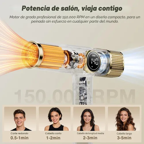 Vista 3 de Secador de pelo de viaje de doble voltaje con difusor, secador iónico profesional de alta velocidad de 1900 W para secado rápido, ligero, sin daños