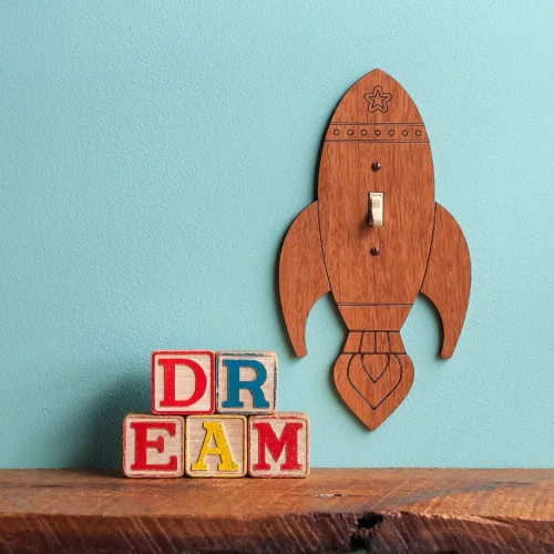 Vista 3 de Rocket Light Switch Plate Cover (Toggle Style) - Handmade Wooden Outer Space Nursery Room Decor
