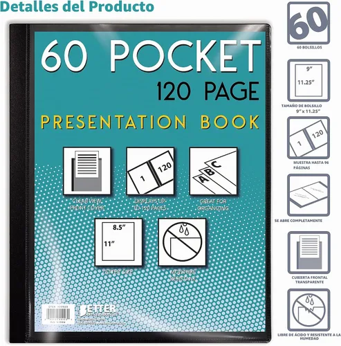 Vista 3 de Better Office Products Libro de presentación negro con 60 bolsillos, con cubierta frontal transparente, 120 páginas protectoras de hojas, hojas