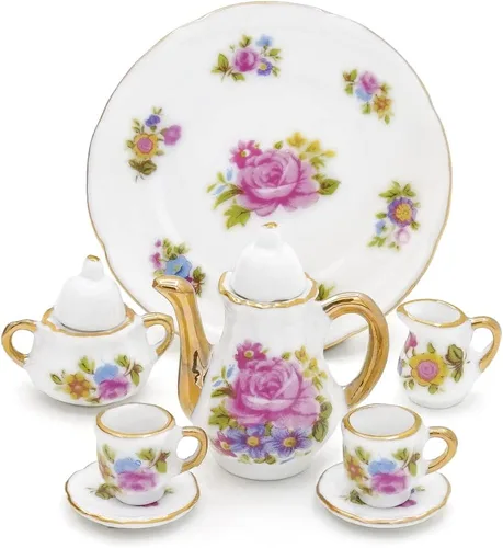 Vista 11 de Odoria Juego de té de porcelana en miniatura 1/6, 8 piezas, accesorios de decoración de casa de muñecas, rosa roja Multicolor