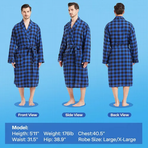 Vista 2 de FashGudim Bata de algodón a cuadros para hombre, ligera, con cuello de chal, kimono, ropa de dormir, ropa de descanso, batas de casa