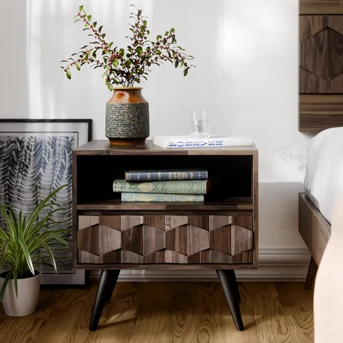 Vista 11 de Bme Caden Mesita de noche/Mesa auxiliar/Mesa de centro de madera maciza, completamente ensamblada, con 1 cajón para dormitorio y sala de estar