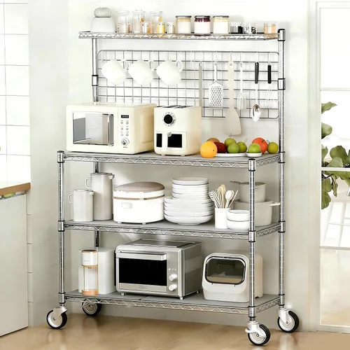 Vista 8 de Leteuke Estante para panaderos con toma de corriente y almacenamiento, soporte para microondas de 36 pulgadas, carrito de cocina de metal de 4 Negro
