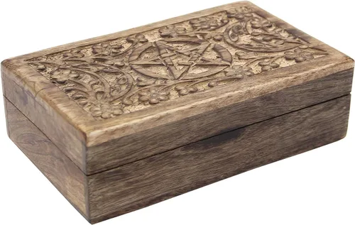 Vista 5 de DharmaObjects Caja de almacenamiento de madera tallada a mano para joyería (Triple Moon, grande)