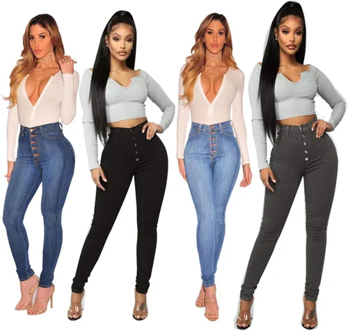 Vista 5 de Pantalones de mezclilla de talle alto con botones y curvas para mujer pantalones ajustados de mezclilla suave con botones para jóvenes cintura súper