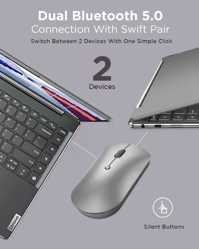 Vista 4 de Lenovo Ratón silencioso Bluetooth 600, sensor óptico azul, DPI ajustable, 4 botones, Microsoft Swift Pair, Windows, Chrome, GY50X88832, gris