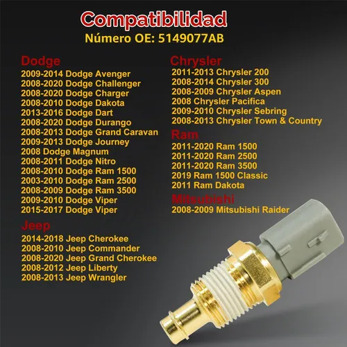 Vista 3 de Sensor de Temperatura del Refrigerante del Motor 5149077AB para 2011-2020 Ram 1500 2500 3500, Dodge Avenger Challenger Charger Dakota Durango, Jeep
