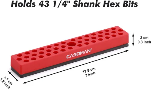 Vista 2 de CASOMAN 2 piezas 1/4" Organizador de brocas hexagonales con base magnética - Rojo, Organizador de 86 brocas con fuerte base magnética, Organizador