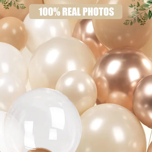 Vista 3 de Arco de globos de doble relleno de color blanco perla, guirnalda de globos metálicos de champán, kit de arco de globos neutros, color nude, bobo