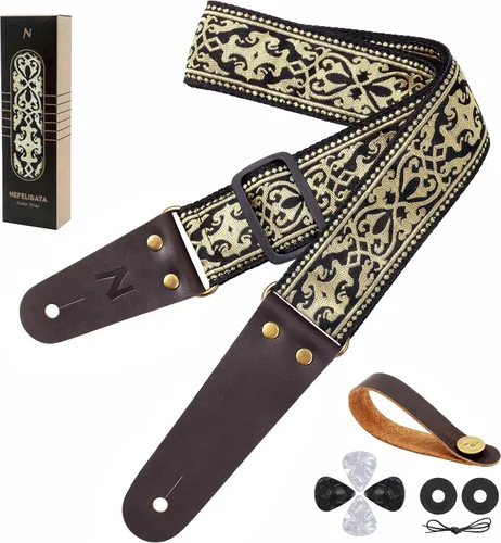 Vista 22 de Nefelibata Correa de guitarra, correas de guitarra de algodón bordadas con extremos de cuero de vaca para bajo, guitarras eléctricas y acústicas