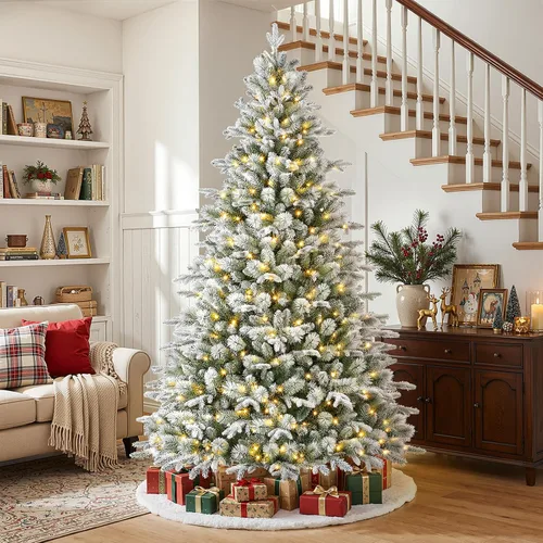 Vista 12 de SHareconn Árbol de Navidad de cedro flocado de 5 pies, 210 luces blancas cálidas y multicolor, diseño moderno de lujo con ramas nevadas flocadas