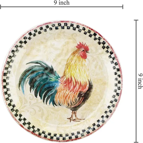 Vista 3 de UP ware Country Rooster - Juego de platos de ensalada de melamina con borde negro a cuadros para risotto, pasta y ensalada, sin BPA, aptos