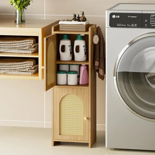 Vista 6 de Arbuxzuy Gabinete de almacenamiento de baño de ratán con 2 puertas y Ratán clásico