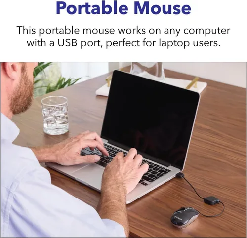Vista 6 de Verbatim Ratón óptico con cable mini USB-A para computadora – Plug & Play con cable pequeño de viaje con cable retráctil – Negro 98113