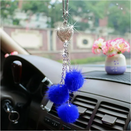 Vista 9 de Ziciner Accesorios de Interior de Coche con Diamantes Brillantes en Forma de Corazón - Adorno Colgante de Corazón y Bola de Felpa Rosa, Encanto