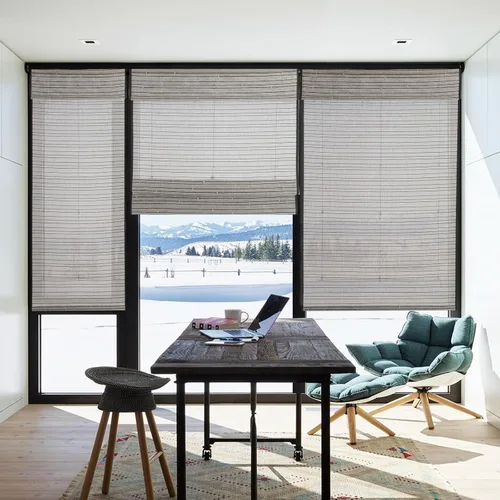 Vista 4 de Yin Yang Persianas romanas de bambú opacas sin cables, elegantes persianas romanas de madera tejida natural con cenefa de 6 pulgadas de alto
