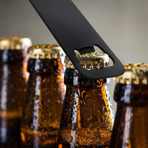 Vista 4 de Abrebotellas de acero inoxidable con forma de abrebotellas, abrelatas de cerveza negra, mango plano, abrebotellas de cerveza para el hogar, cocina