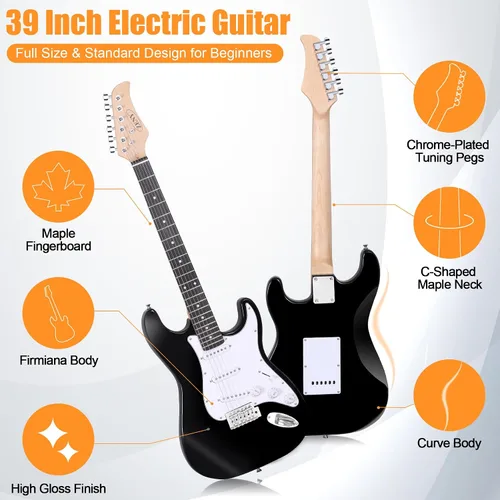 Vista 7 de Guitarra eléctrica Zeny 39 pulgadas tamaño completo, con amplificador, funda y accesorios, paquete para principiantes, Negro