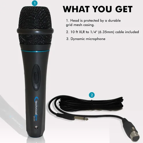 Vista 4 de Technical Pro MK75 Micrófono dinámico con cable XLR de 10 pies a ¼ de pulgada - Grado profesional, cardioide, carcasa de metal duradera, ideal