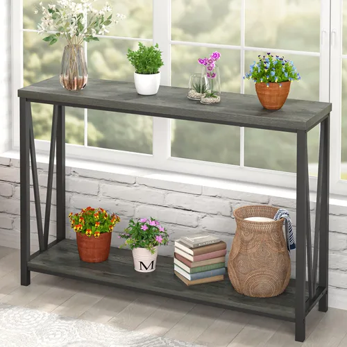 Vista 3 de EXCEFUR Mesa de entrada, sofá de madera rústica con almacenamiento, mesa de pasillo moderna para sala de estar, color gris