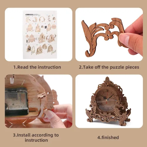 Vista 7 de OWNONE 1 Kit de modelo de reloj de madera 3D para adultos, reloj de escritorio de bricolaje, rompecabezas 3D de madera oscura, regalos