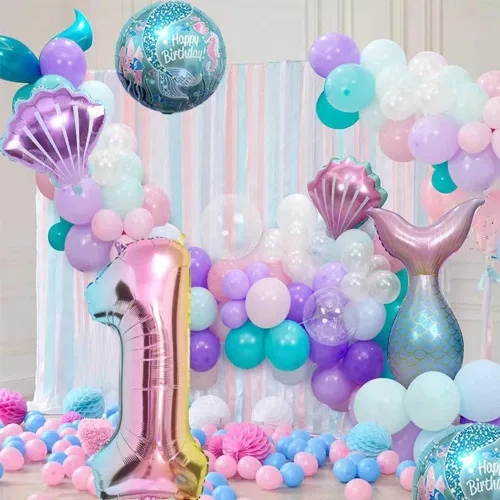 Vista 5 de Kit de decoración de cumpleaños de sirena sdquskin: 6 globos verdes de sirena (número 1) para niñas