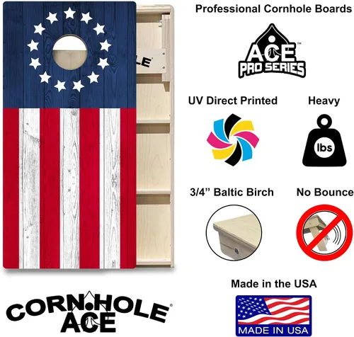 Vista 2 de ACE PRO American Flag Cornhole Board Set - No Bounce! Triple Wide Legs, 3/4" Baltic Birch Plywood, Handles, Regulation Size (4x2ft), Tournament
