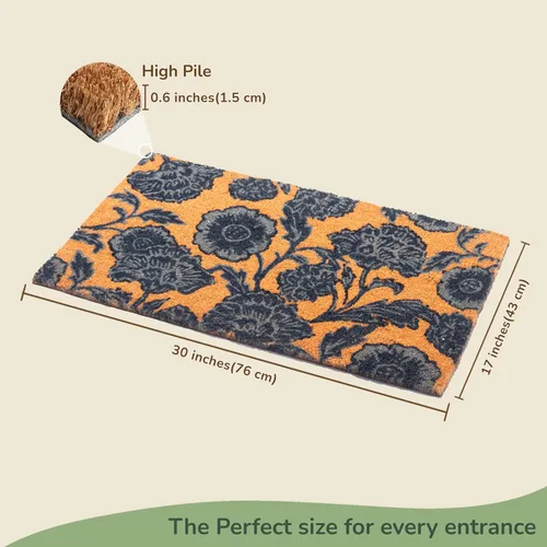 Vista 3 de Tapete para puerta de fibra de coco con estampado floral con respaldo de PVC antideslizante, tapete para interiores y exteriores para decoración