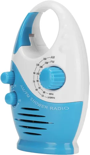 Vista 4 de AM FM Radio portátil tipo gancho portátil Radio música ducha altavoz azul ducha radio funciona con batería analógica radio auricular pequeño