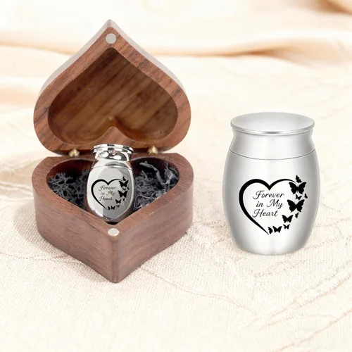 Vista 6 de Urnas pequeñas para cenizas, caja de recuerdo de madera en forma de corazón con ala de ángel, mini urnas de recuerdo de cremación, urna