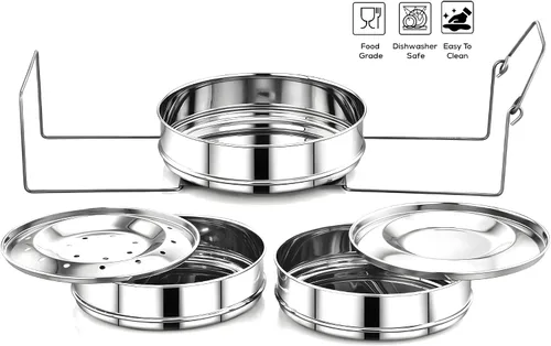 Vista 2 de Sartenes apilables de acero inoxidable de 3 niveles, compatibles con olla instantánea de 6 cuartos de galón, olla en olla, moldes para hornear