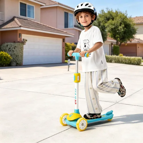 Vista 14 de GLAMUP Patinete para niños de 3 ruedas, manillar ajustable en altura para niños, sistema de inclinación para dirección y mecanismo de fácil plegado