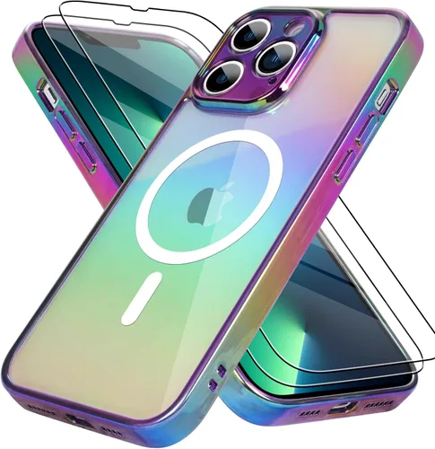 Vista 10 de Bonoma Funda magnética para iPhone 13 【Soporte para Magsafe】Protector de cámara de lujo de cristal fluorescente iridiscente con láser brillante + 2