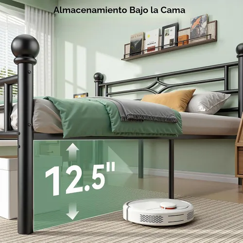 Vista 4 de BedsPick - Base de cama tamaño Queen con cabecera y estribo, marco de cama de plataforma de metal con esquinas redondeadas, soporte de listones