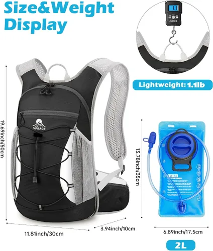 Vista 2 de Mochila de hidratación con bolsa de agua de 2 litros. Mochila ligera de 15 litros con bolsillos para cinturón de cadera del tamaño del teléfono