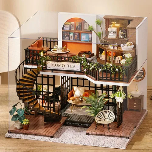 Vista 6 de Mini casa de muñecas en miniatura de madera, tienda de té del bosque, escena, modelo de construcción, casa de juguete con luces LED y cubierta