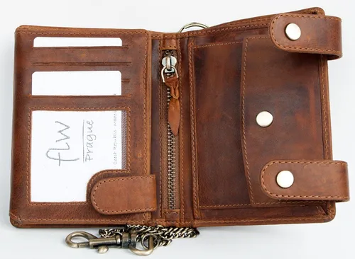 Vista 3 de FLW Billetera de cuero genuino para hombre con cadena de metal para colgar, Marrón, Cartera grande