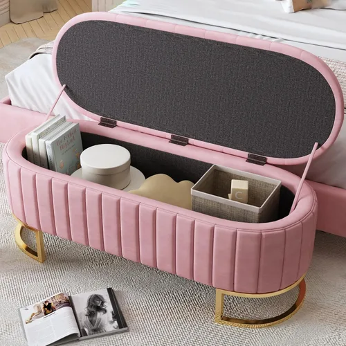 Vista 3 de SOFTSEA Otomana otomana de almacenamiento tapizada rosa, banco otomano de almacenamiento con botones y patas de metal para dormitorio, extremo