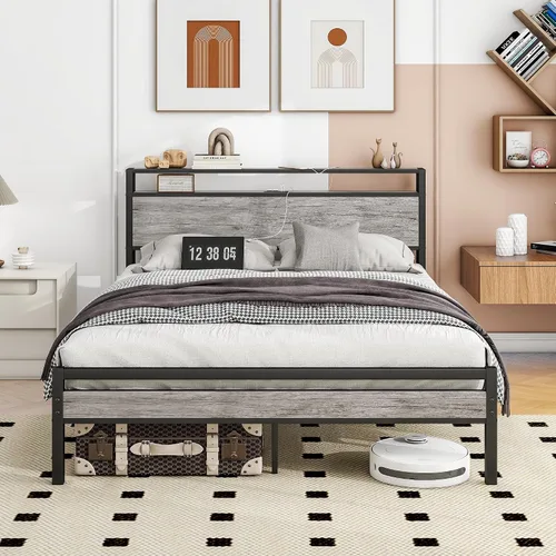 Vista 16 de BOFENG Base de cama Queen con cabecera de almacenamiento, marco de cama de plataforma de metal tamaño Queen con luces LED, estación de carga,