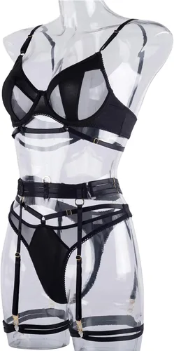 Vista 5 de Lencería con tiras para mujer, conjunto de lencería sexy para mujer con encaje negro con liguero, ropa