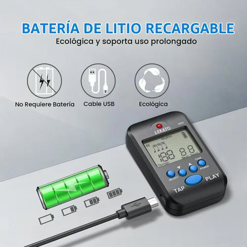 Vista 3 de LEKATO Metrónomo digital, mini metrónomo electrónico LCD recargable, voz humana, clip, 10 sonidos de ritmo, volumen ajustable, metrónomo M65