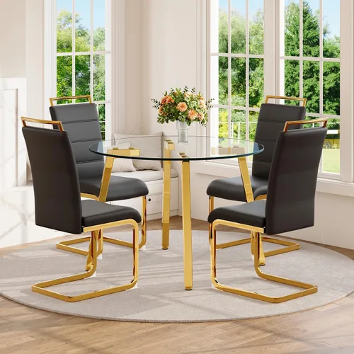 Vista 33 de Juego de mesa de comedor de cristal para 4, mesa rectangular con 4 sillas de cocina de cuero blanco, juego de comedor de cocina de 51 pulgadas, mesa