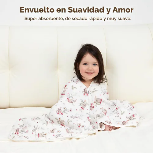 Vista 6 de Toalla de baño con capucha para niños pequeños, toalla suave de muselina de algodón orgánico de 6 capas para bebés y niños pequeños, 25 x 51