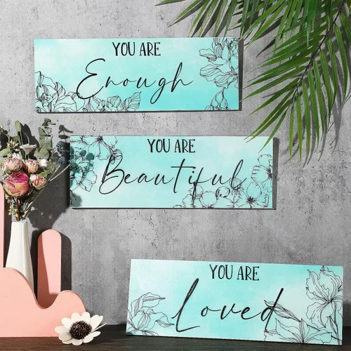 Vista 4 de Yookeer 3 Piezas de Arte de Pared Colgante de Madera Floral con Citas Inspiradoras "Eres Hermosa" Imagen para Habitación Decoración Gracias