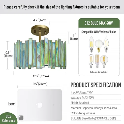 Vista 9 de Lámpara de techo de latón antiguo en forma de tambor, lámpara Tiffany semiempotrada de 12.5 pulgadas con vidrio verde Mable, iluminación colgante
