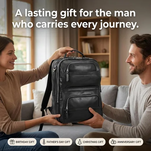 Vista 8 de LANNSYNE Full Grain Leather Backpack for Men, 16" Laptop Backpack with USB Charging Port, Business Travel Daypack