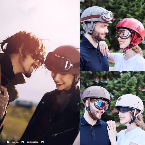 Vista 5 de Casco de motocicleta de cuero vintage alemán, medio casco para adultos con certificación DOT, para hombres y mujeres, con gafas y visera, para Azul