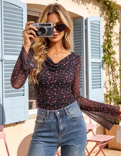 Vista 3 de GRACE KARIN Blusas de malla estilo bohemio para mujer, estilo casual Floral negro